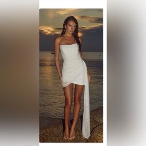 Strapless White Lace Draped Mini Dress